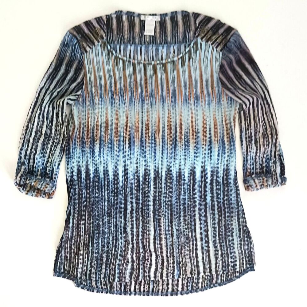 Alberto Makali Tunic Top Beaded Neckline Blue Wavy Stripes Rounded Hem Sz M/L